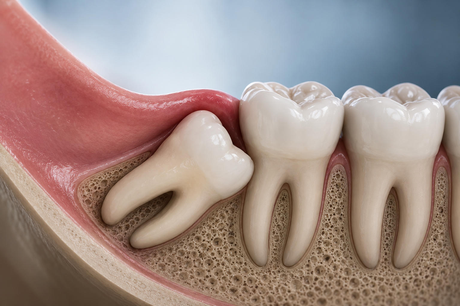 Alt çenede gömülü 20 yaş dişinin komşu dişe baskı yaptığı 3D tıbbi illüstrasyon.